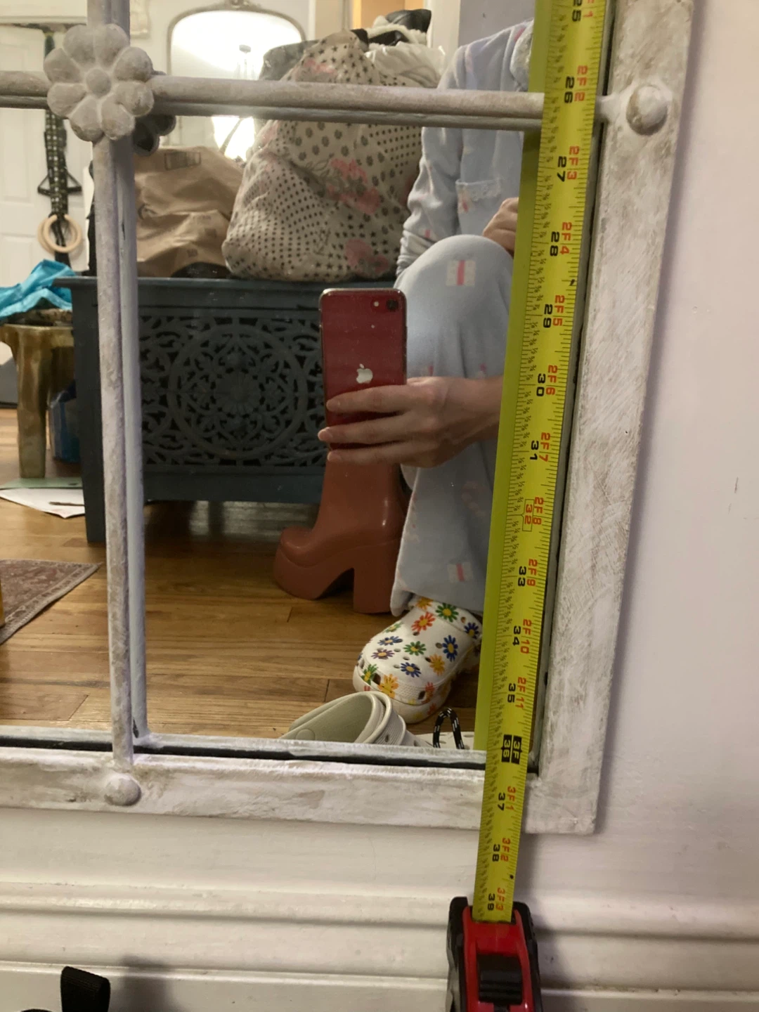 Distressed White Window Pane Wall Mirror with Carved Top - photo 4