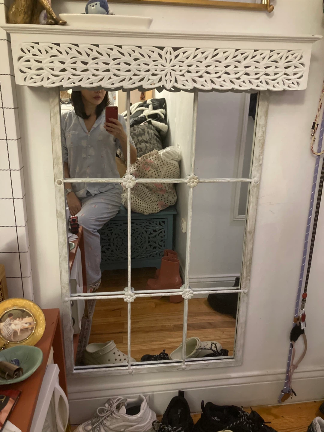 Distressed White Window Pane Wall Mirror with Carved Top - photo 2