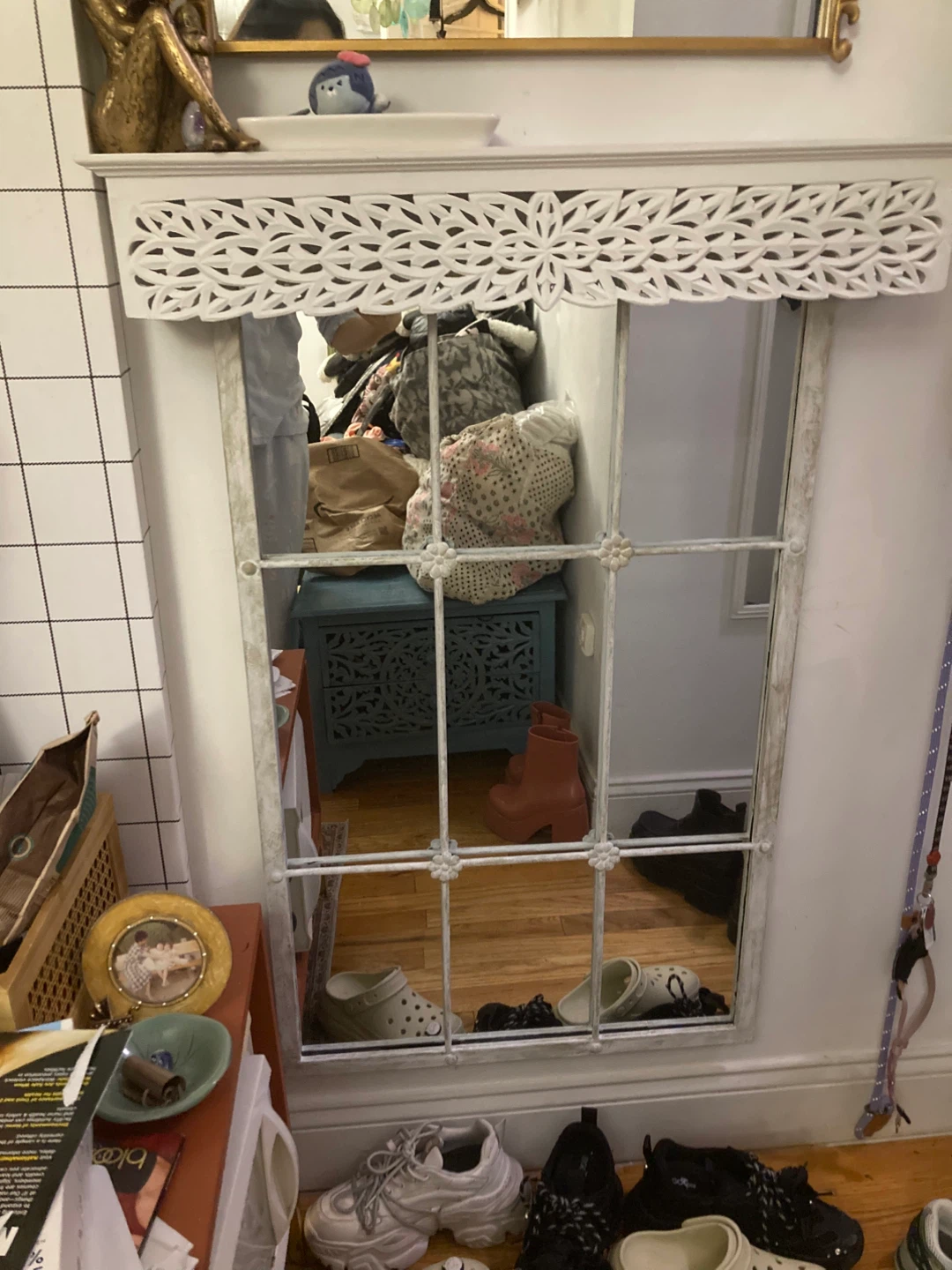 Distressed White Window Pane Wall Mirror with Carved Top