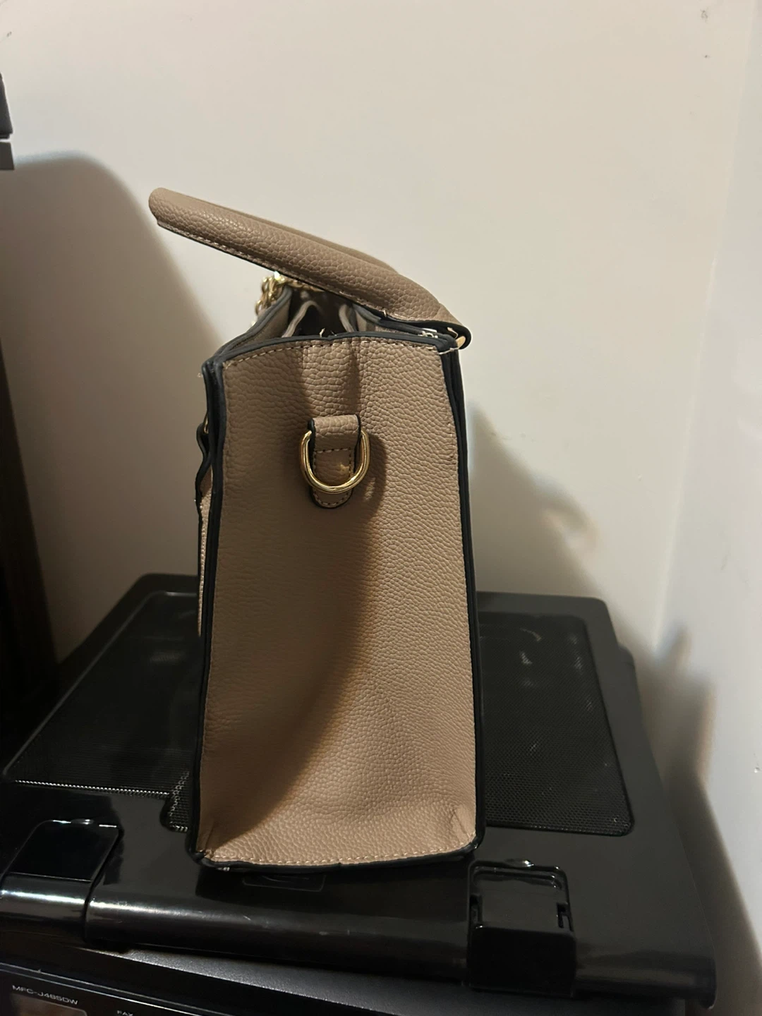 Taupe Faux Leather Satchel Handbag with Gold Chain - photo 2