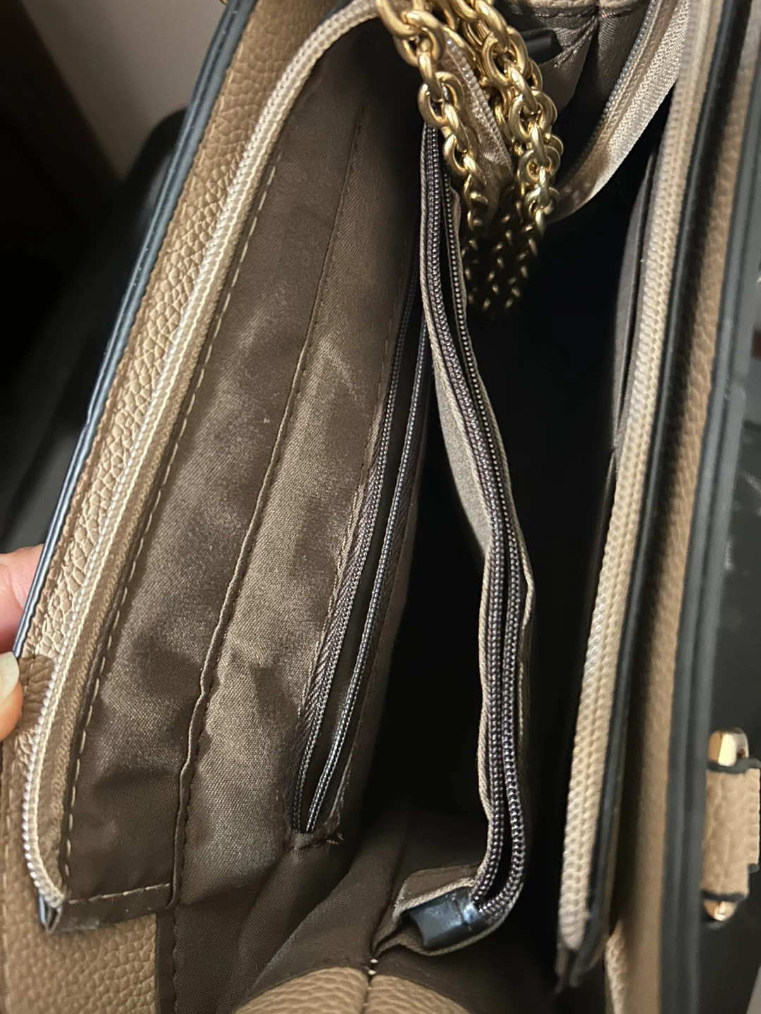 Taupe Faux Leather Satchel Handbag with Gold Chain - photo 3
