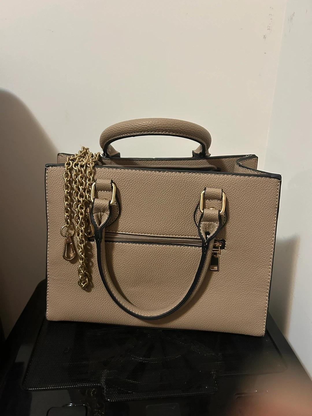 Taupe Faux Leather Satchel Handbag with Gold Chain