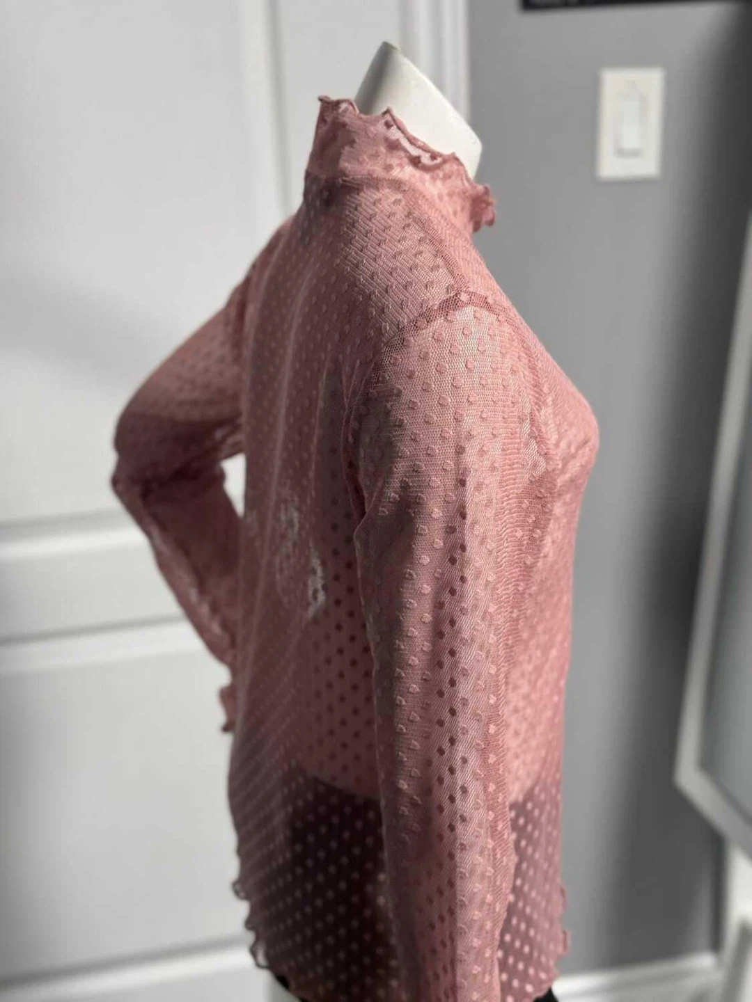 Sheer Mesh Polka Dot Mock Neck Long Sleeve Top (Medium) - photo 2