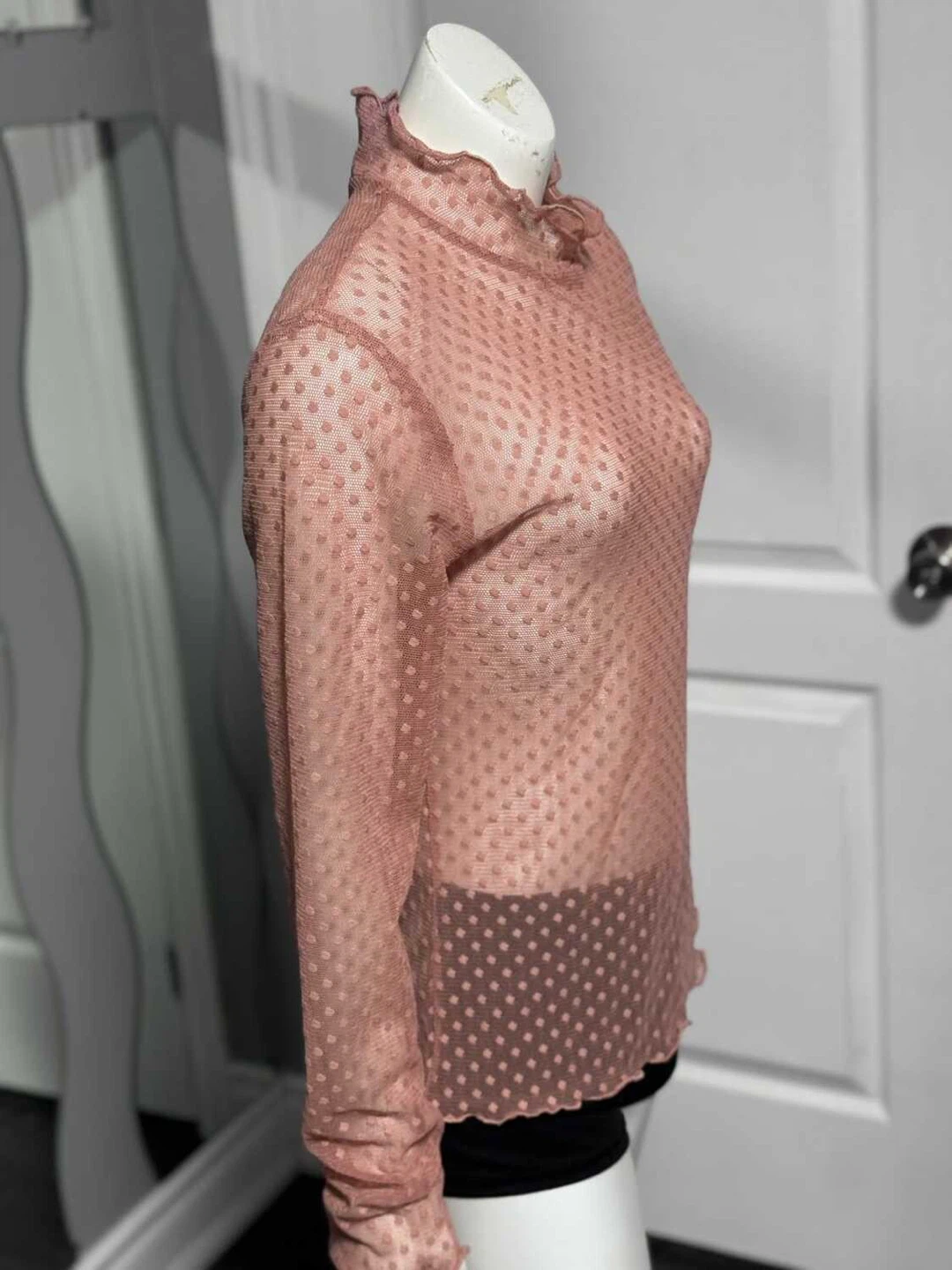 Sheer Mesh Polka Dot Mock Neck Long Sleeve Top (Medium) - photo 3