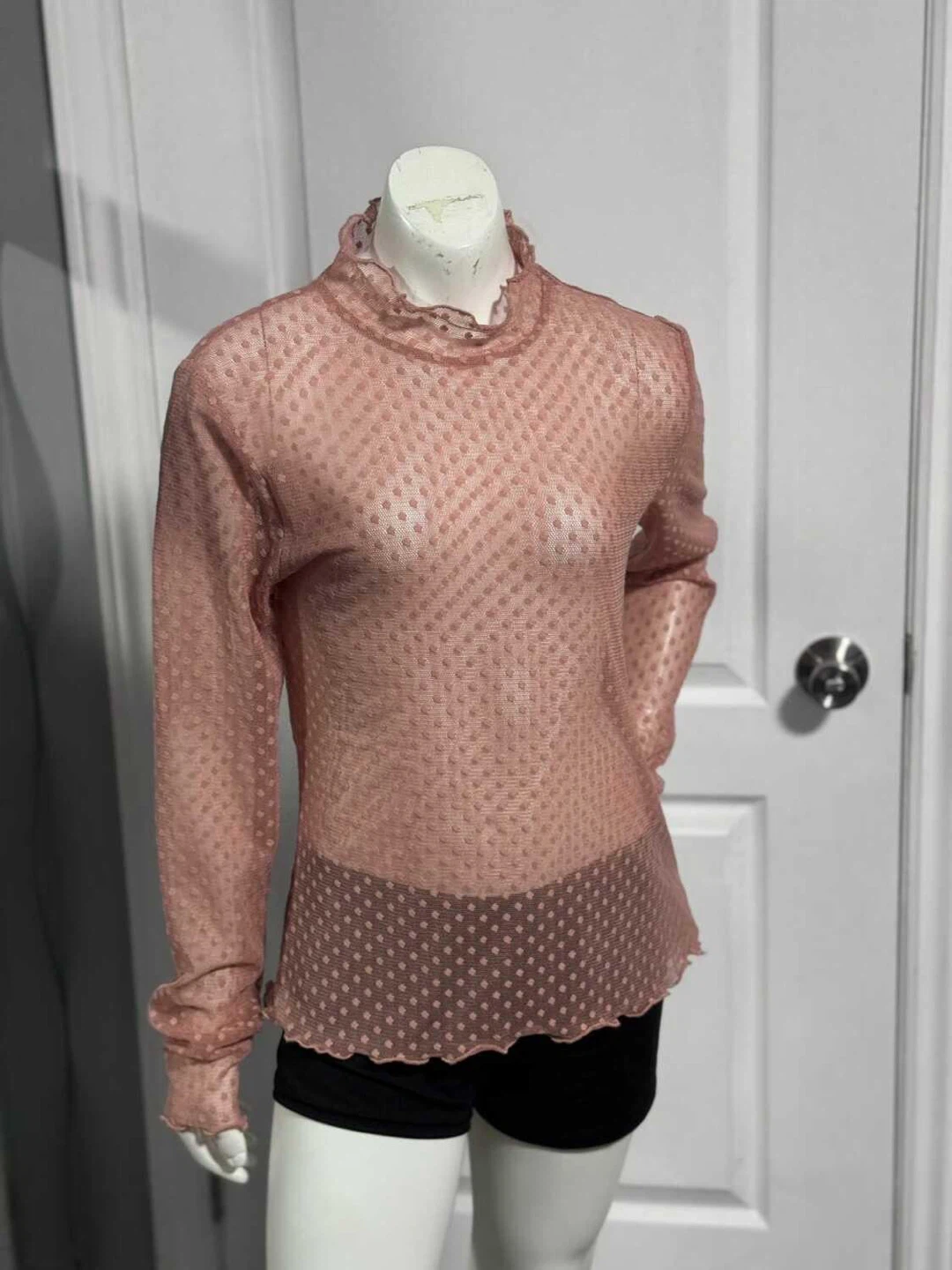 Sheer Mesh Polka Dot Mock Neck Long Sleeve Top (Medium) - photo 4