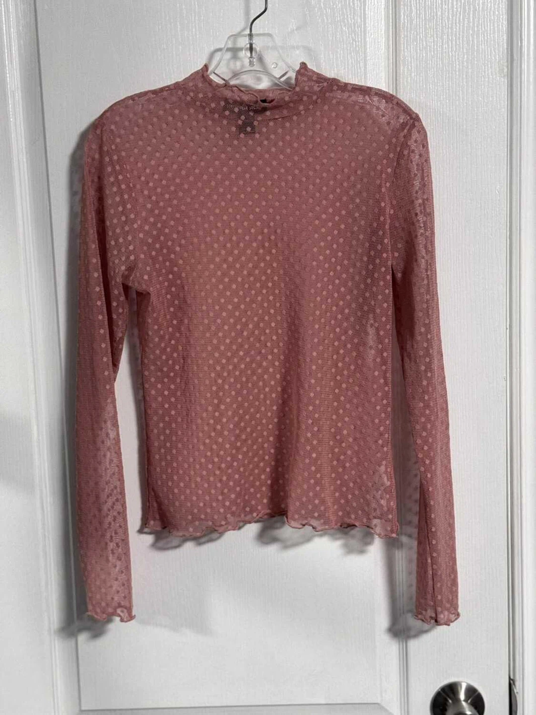 Sheer Mesh Polka Dot Mock Neck Long Sleeve Top (Medium)