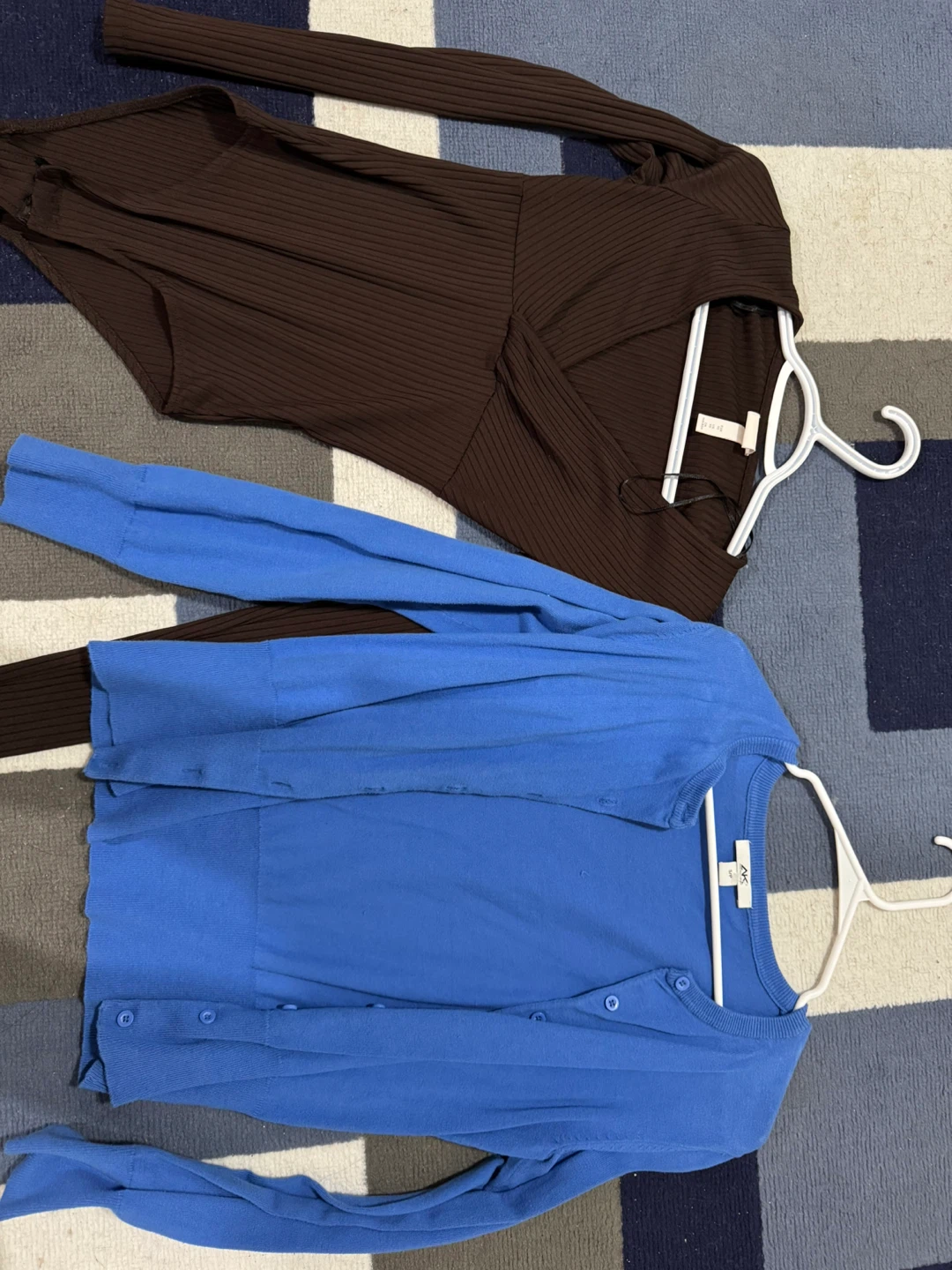 Brown Ribbed Bodysuit and Blue Cardigan - Size M