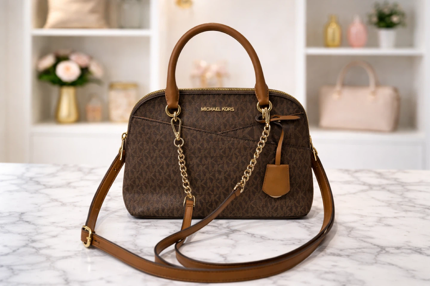 Michael Kors Brown Signature Monogram Dome Satchel Bag