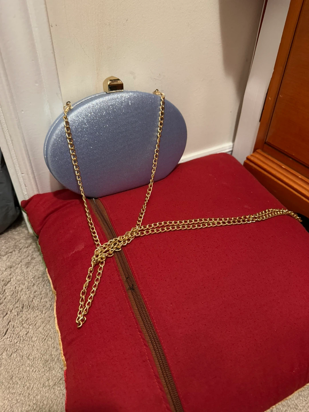 Light Blue Glitter Clutch with Gold Chain