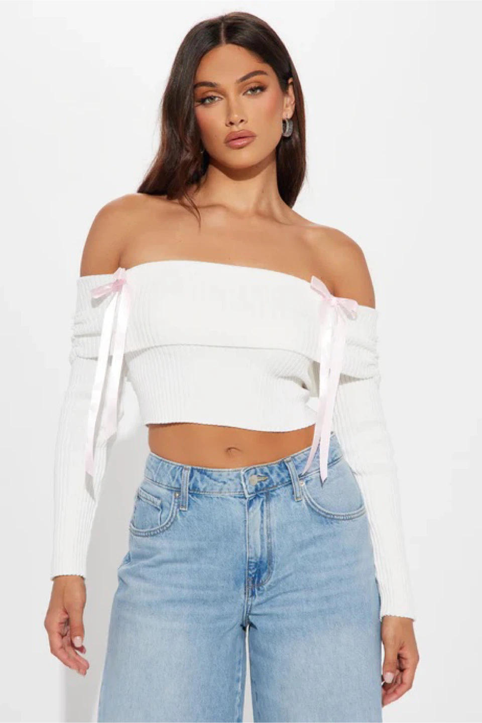 Fashion Nova “Just A Girl” Ivory Off Shoulder Bow Sweater