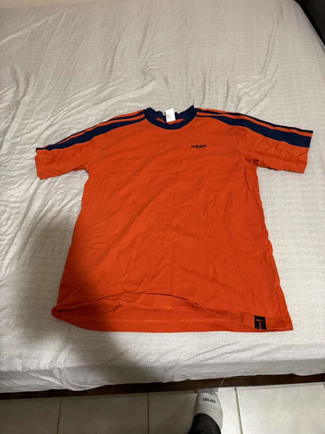 Adidas Orange T-Shirt with Navy Stripes - Medium