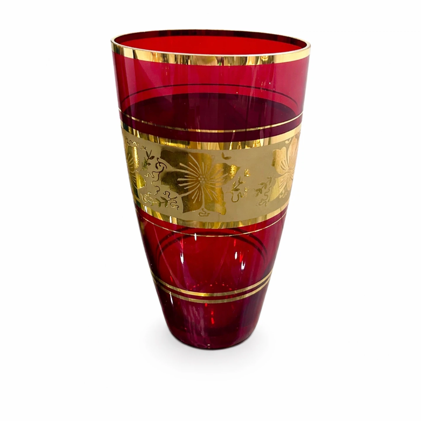 Ruby Red Art Glass Vase w Gilt Floral Band, Mid-Century - photo 2