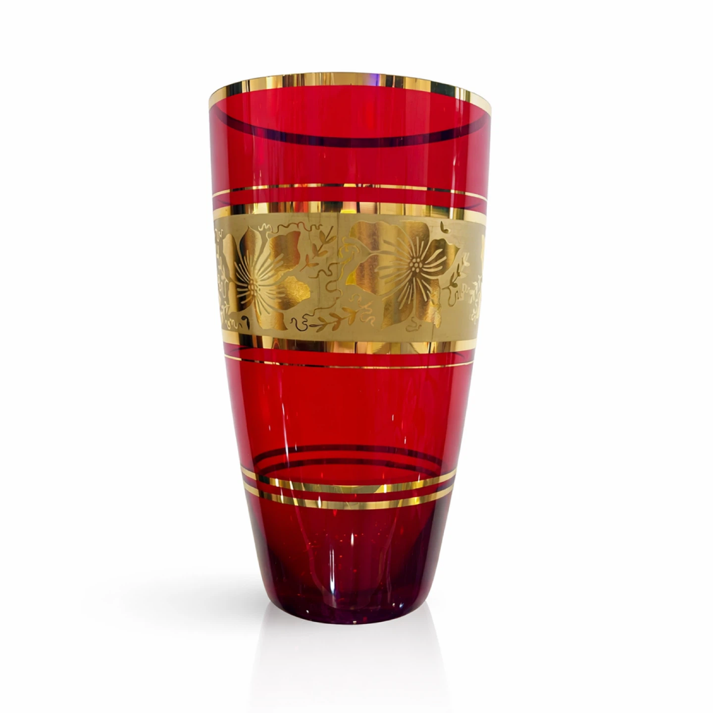 Ruby Red Art Glass Vase w Gilt Floral Band, Mid-Century