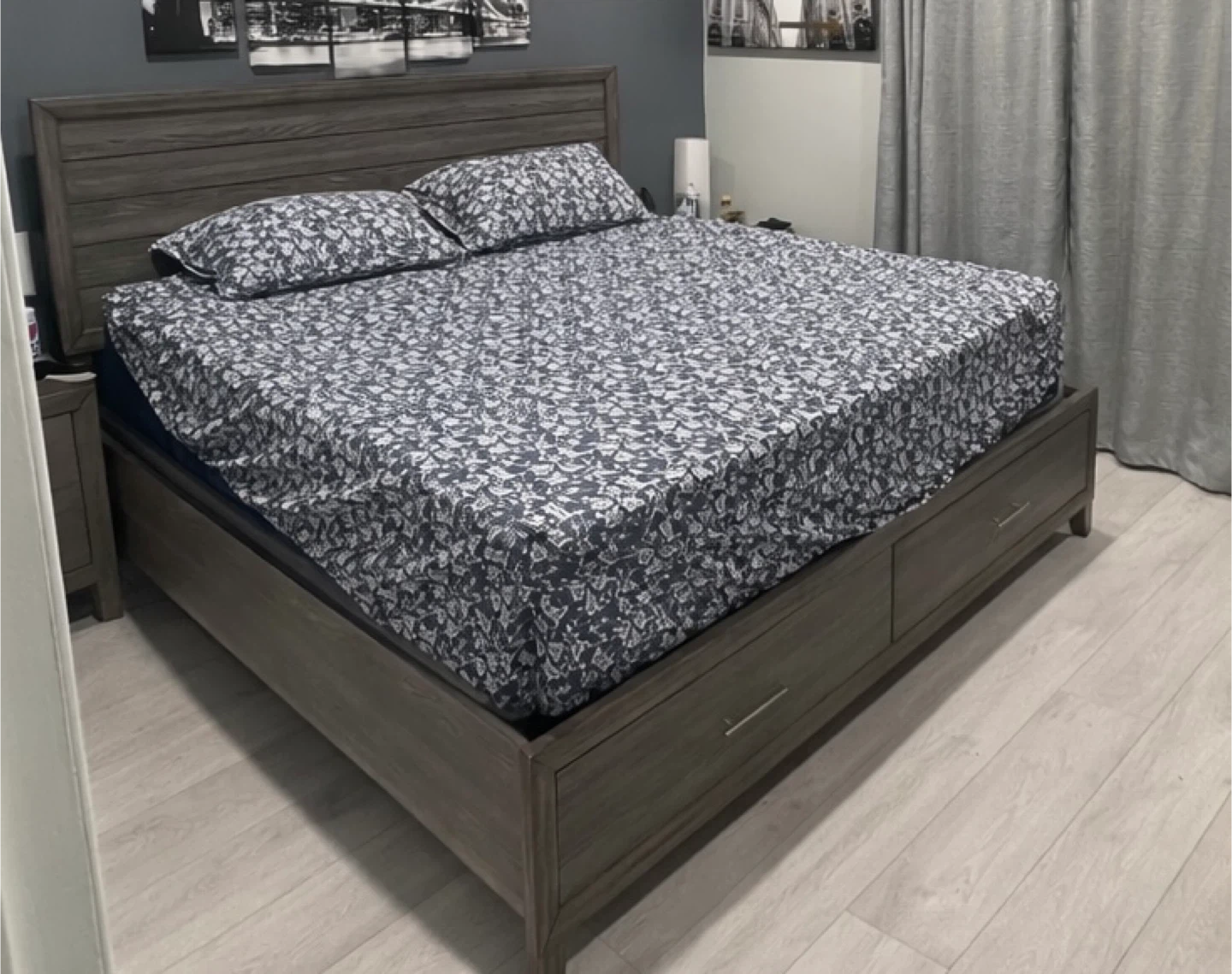 Gray Wooden King Bed Frame with Drawers