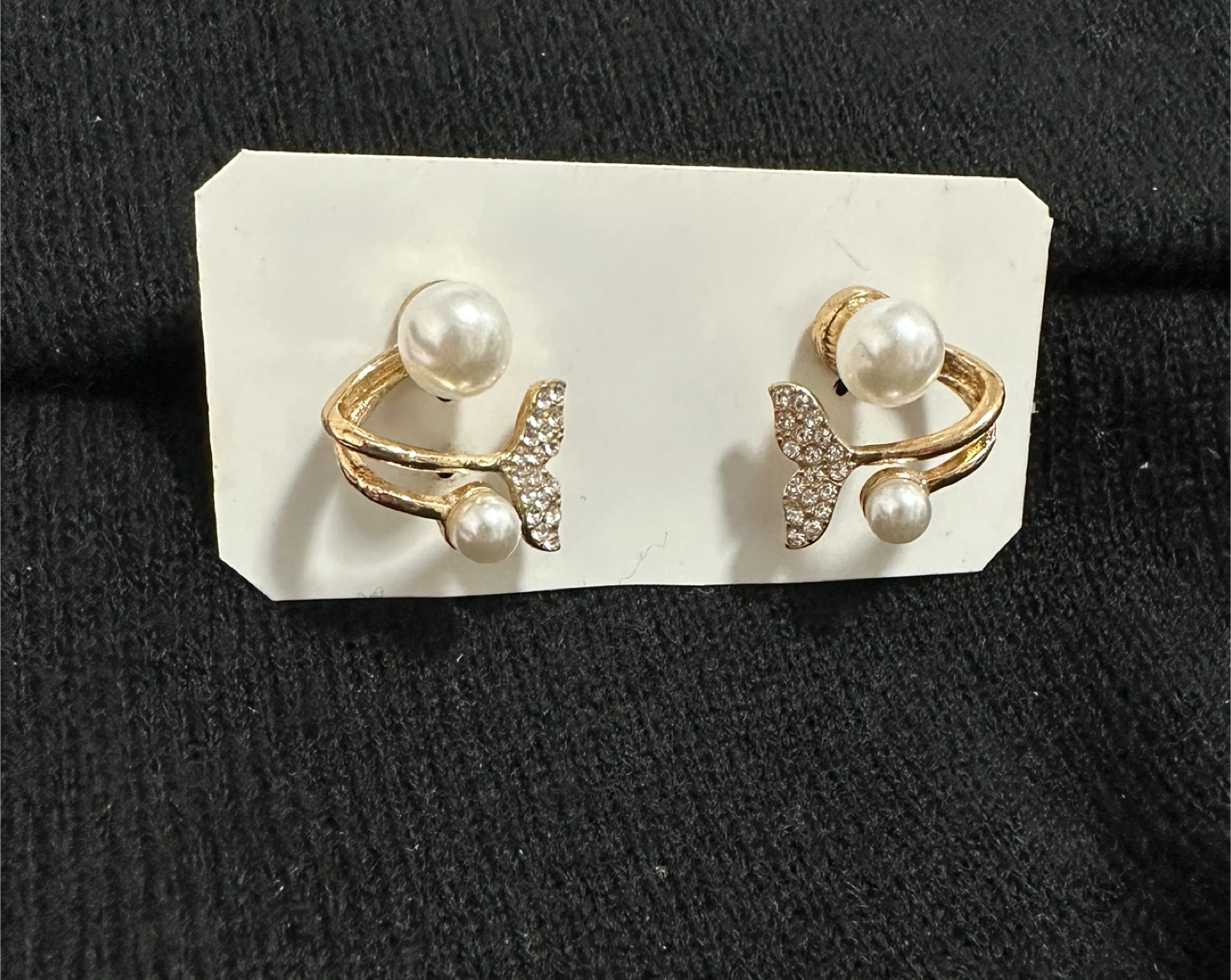 Gold Tone Mermaid Tail Earrings with Pearls and Crystals - photo 4