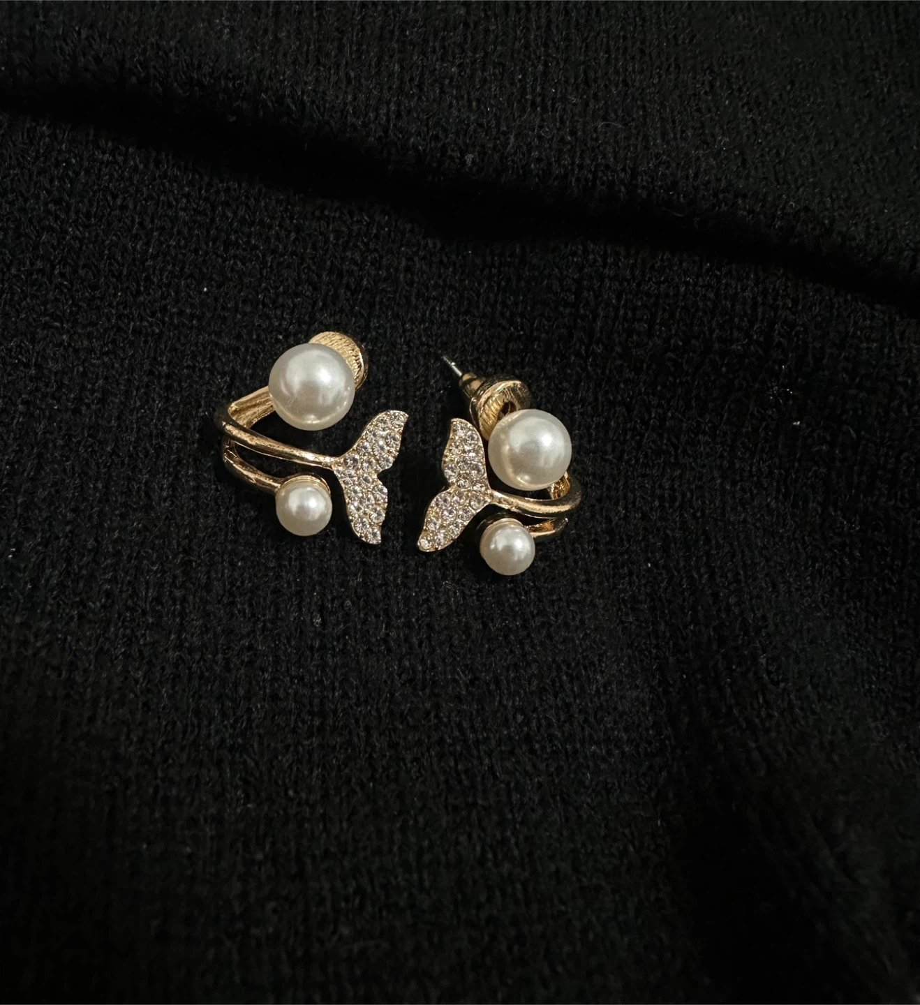 Gold Tone Mermaid Tail Earrings with Pearls and Crystals