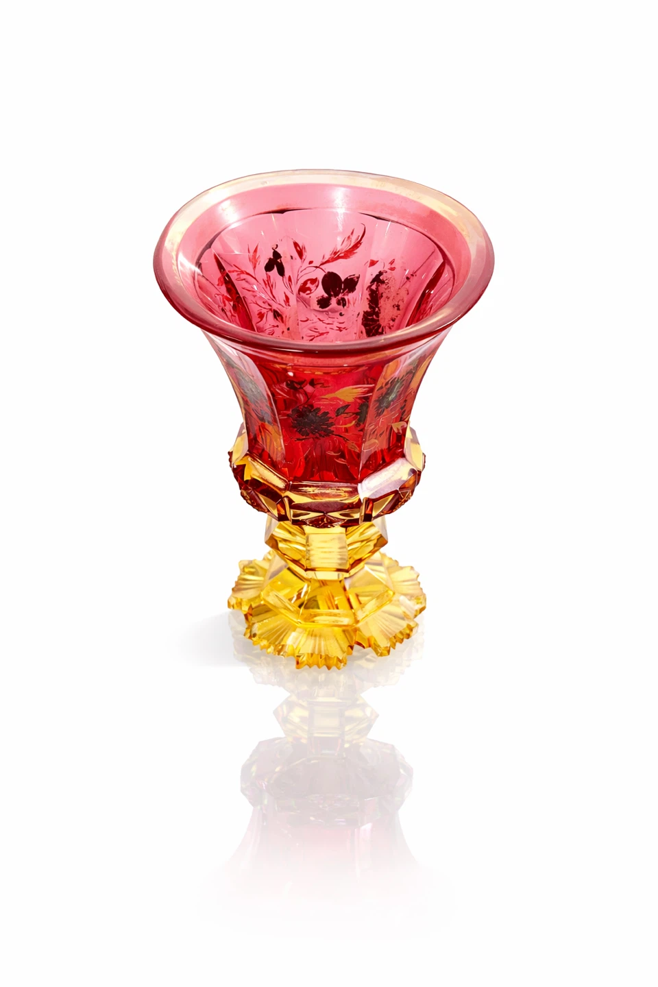 Ruby & Amber Cut Crystal Vase, Floral Etch, Art Deco Style - photo 2