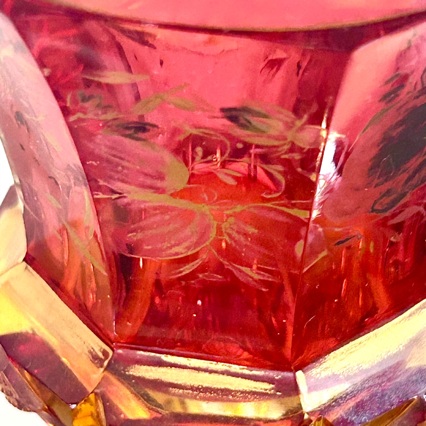 Ruby & Amber Cut Crystal Vase, Floral Etch, Art Deco Style - photo 5