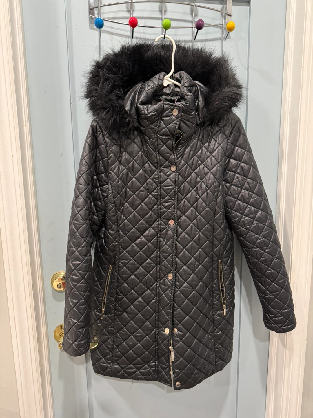 Puffer Jacket with Fur Hood - Black - Size M