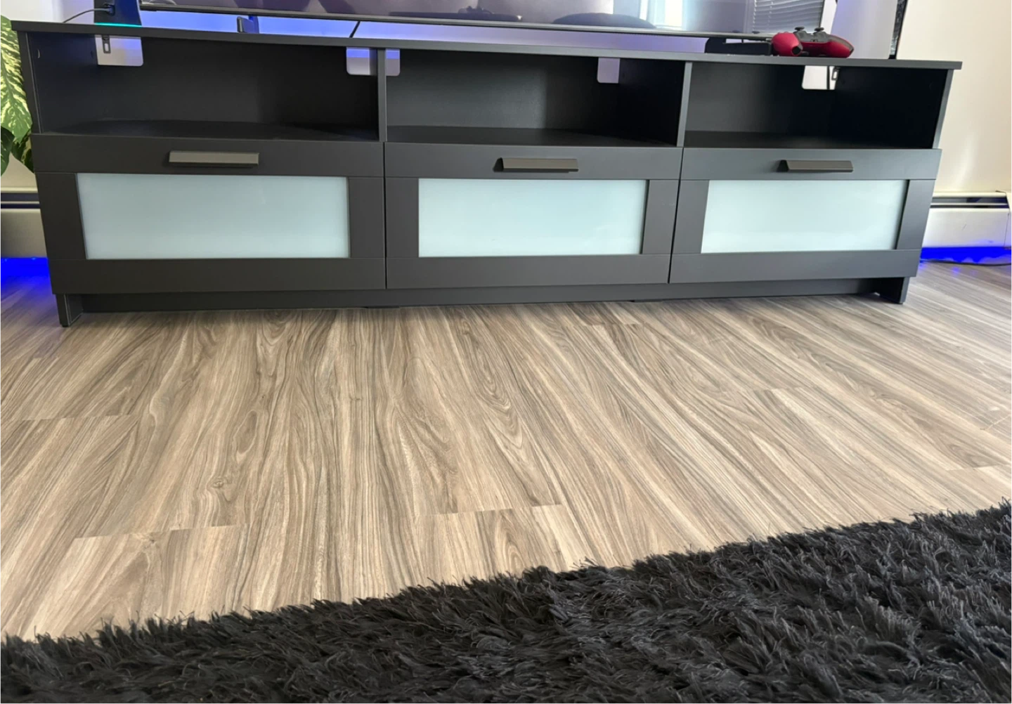 Black TV Stand with Frosted Glass Doors and 3 Drawers - photo 4