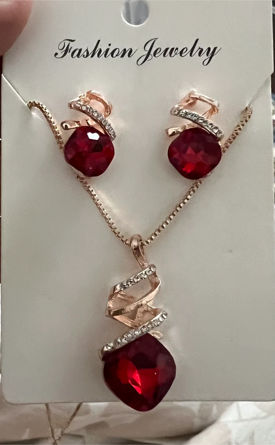 Fashion Jewelry Set - Red Crystal Necklace & Earrings