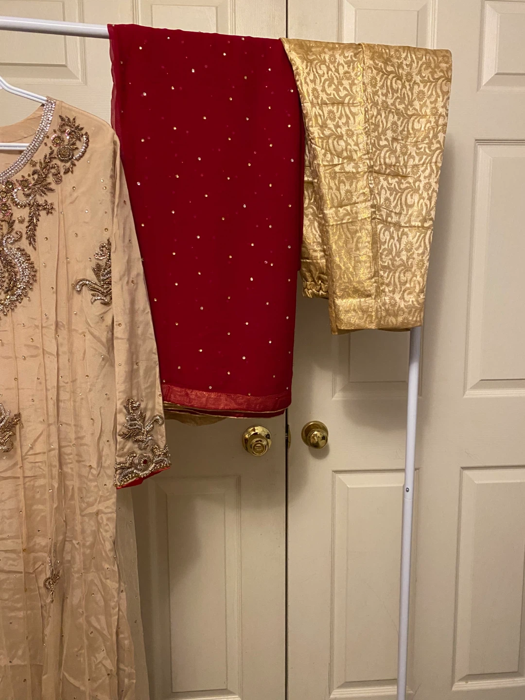 Embellished Tan Kurti with Red Dupatta and Gold Pants - photo 3