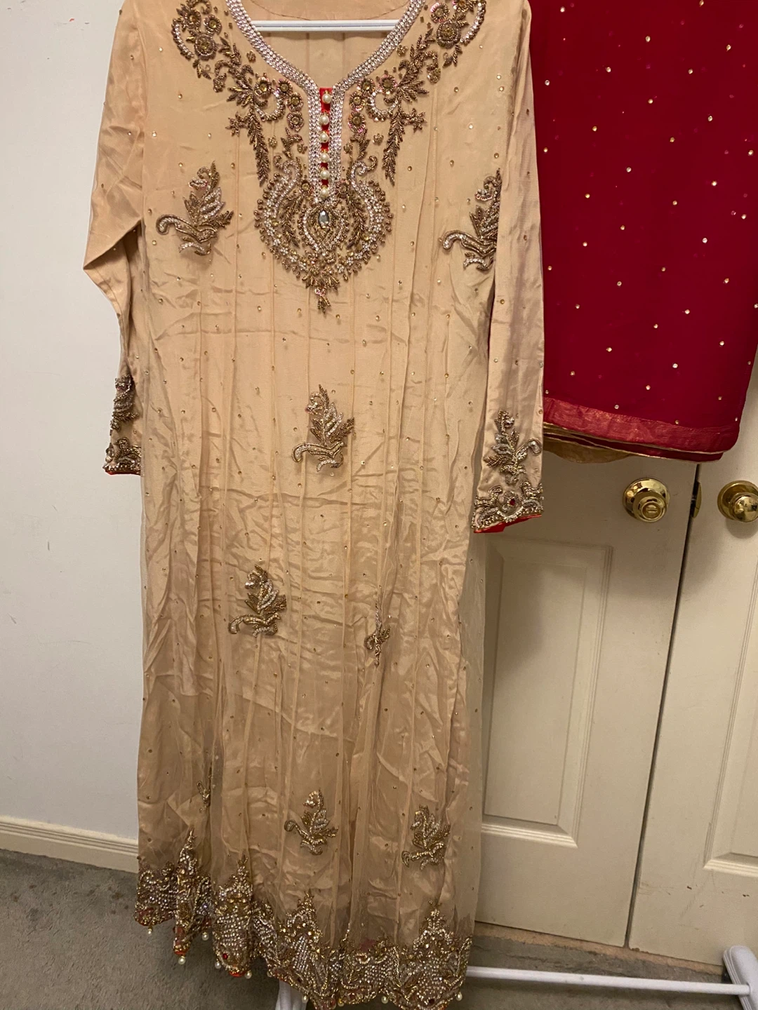 Embellished Tan Kurti with Red Dupatta and Gold Pants - photo 2