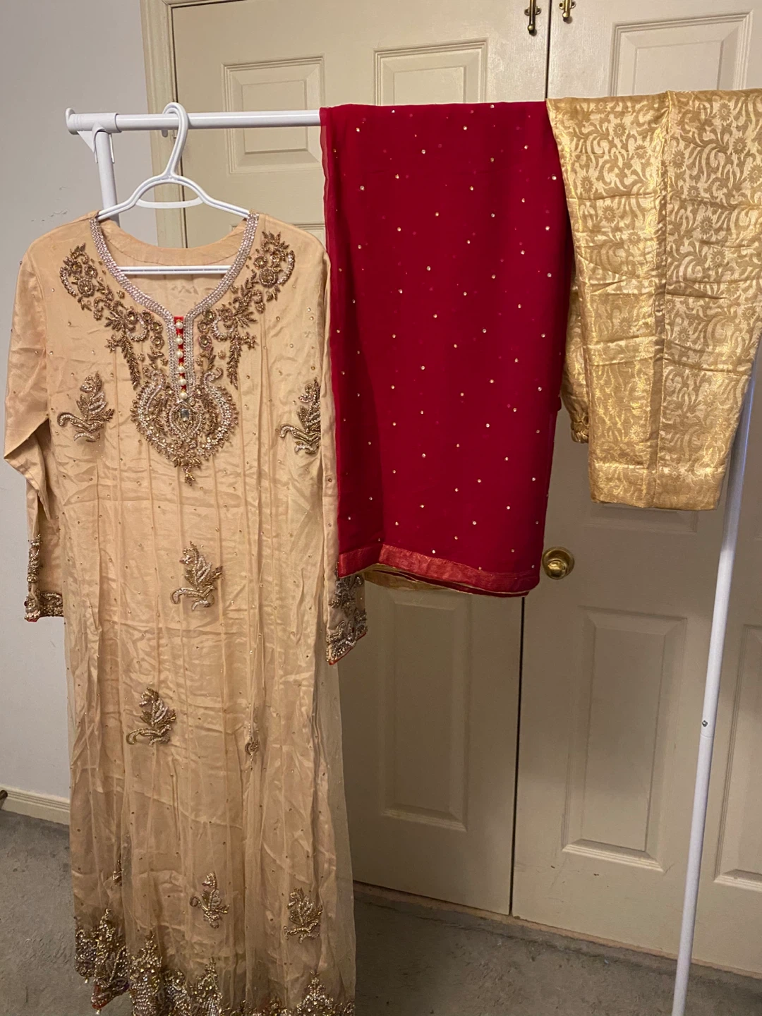 Embellished Tan Kurti with Red Dupatta and Gold Pants
