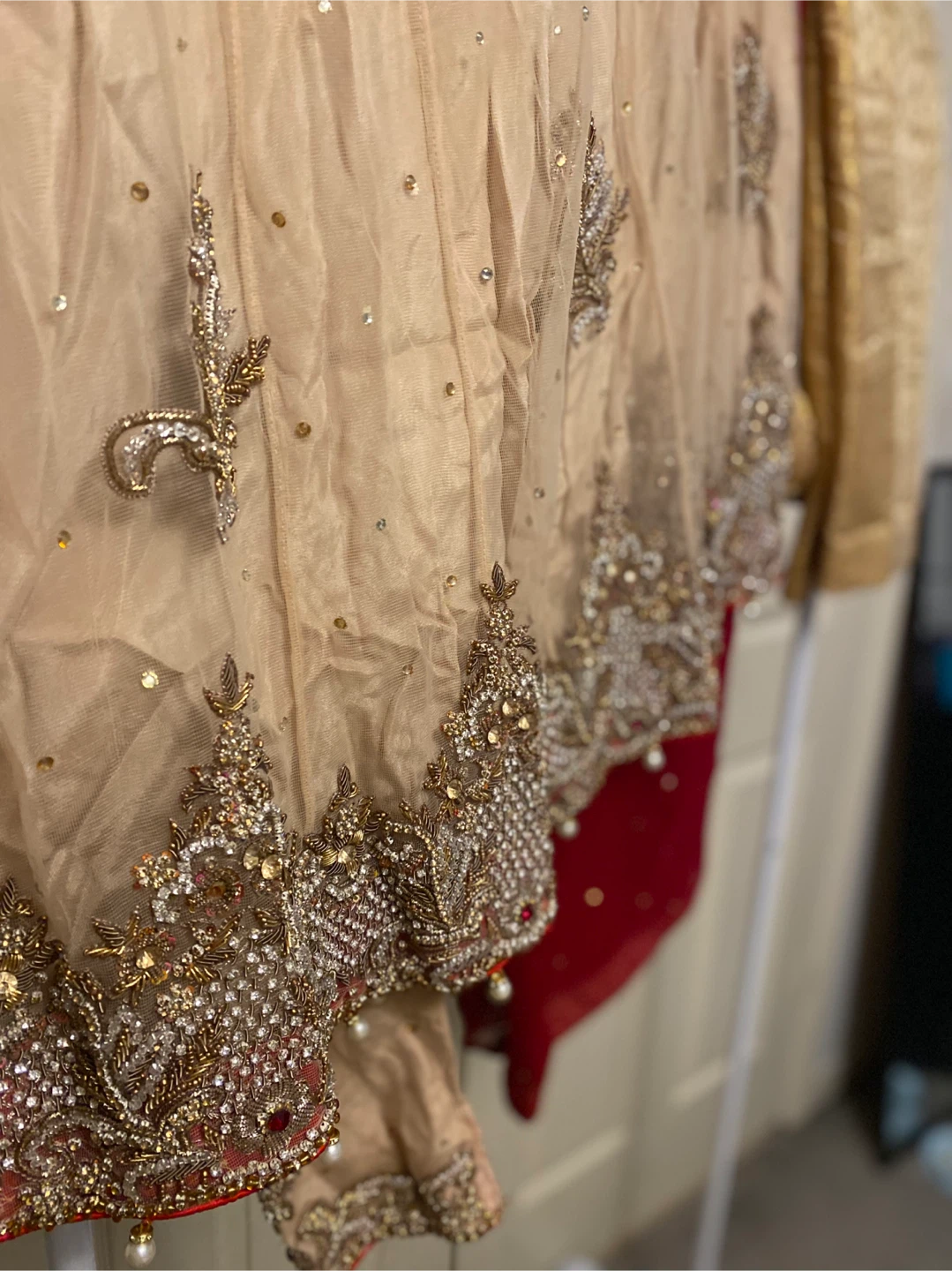Embellished Tan Kurti with Red Dupatta and Gold Pants - photo 5