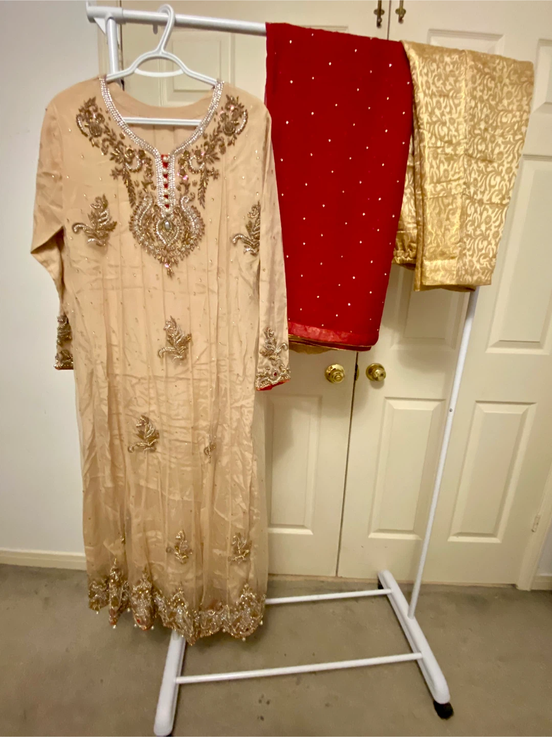 Embellished Tan Kurti with Red Dupatta and Gold Pants - photo 4