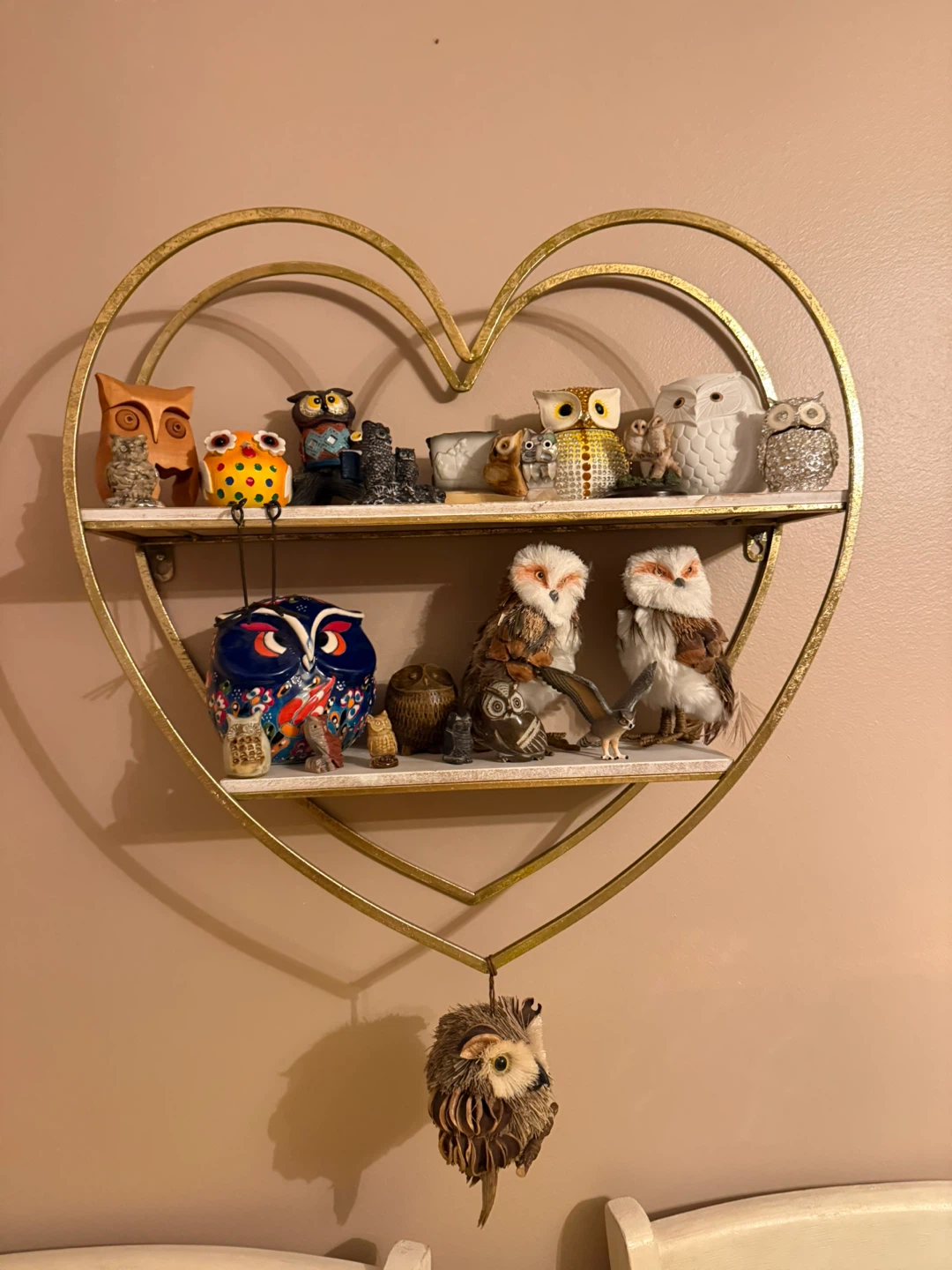 Heart Shaped Wall Shelf with Assorted Owl Figurines