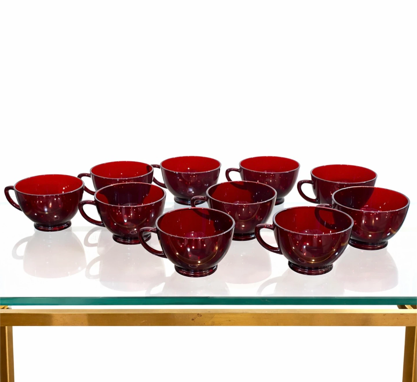 Set of 10 Ruby Red Glass Handled Cups, Mid-Century Modern