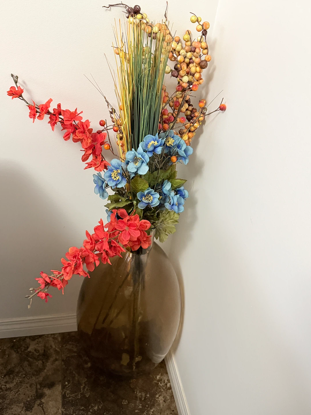 Brown Glass Vase with Artificial Flowers