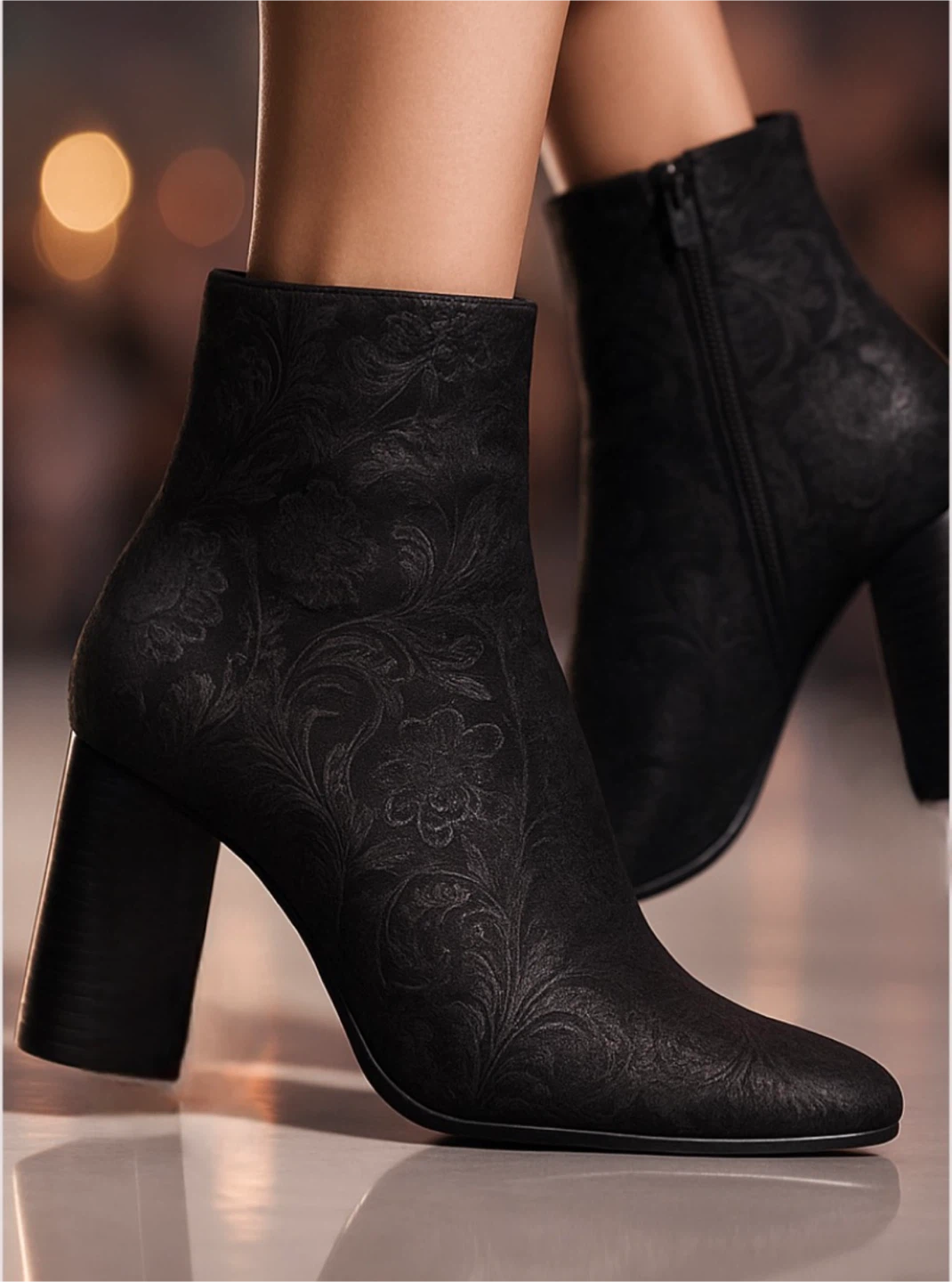 Marc Fisher Black Embossed Ankle Boots with Block Heel