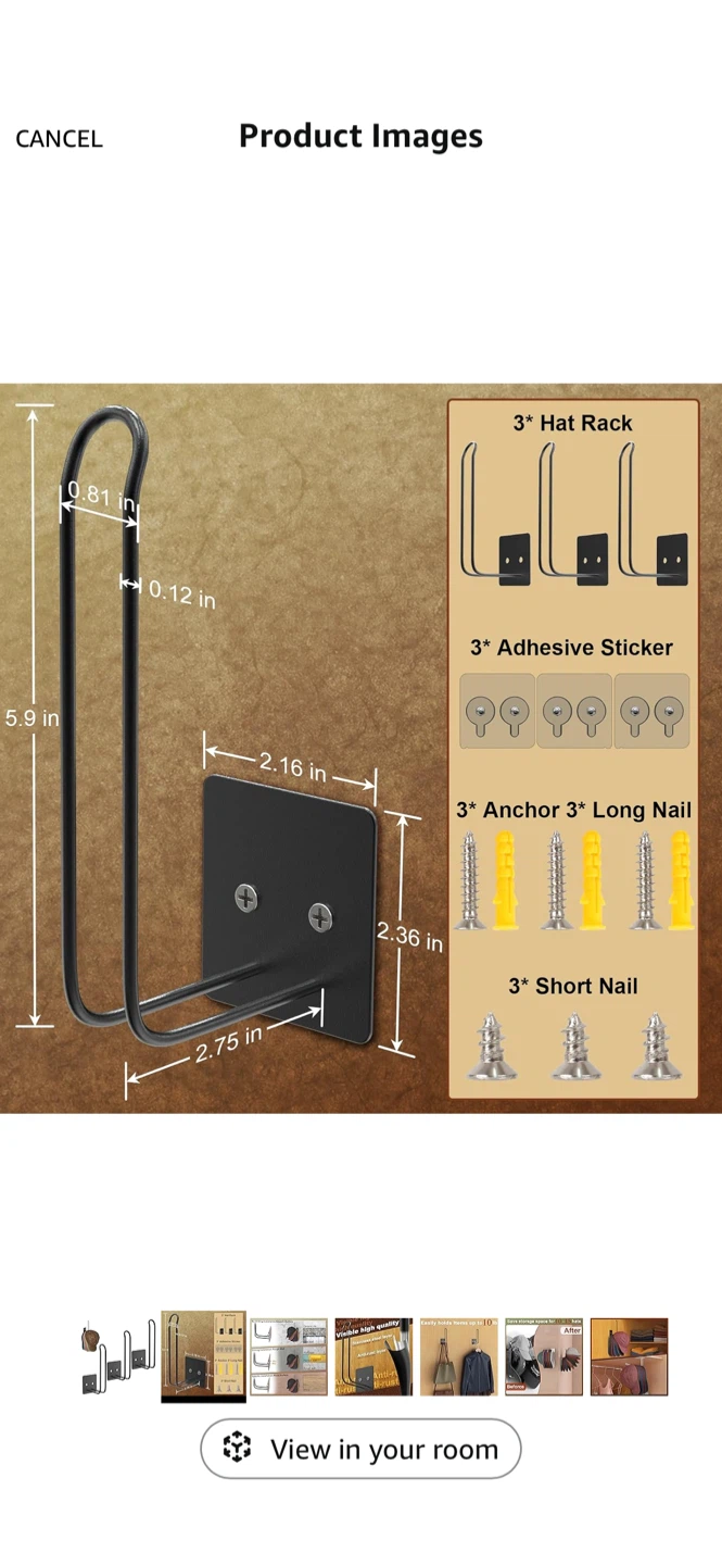 New-3-Pack Black Metal Hat Rack Holder - photo 3