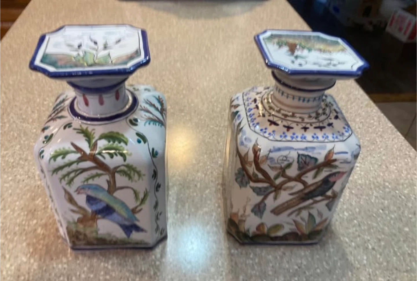 Set of 2 Decorative Ceramic Bottles with Bird and Floral Designs