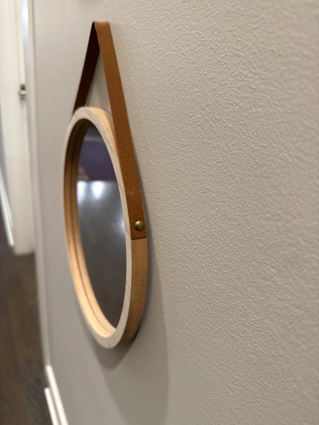 Round Wood Framed Mirror with Leather Hanger - photo 4