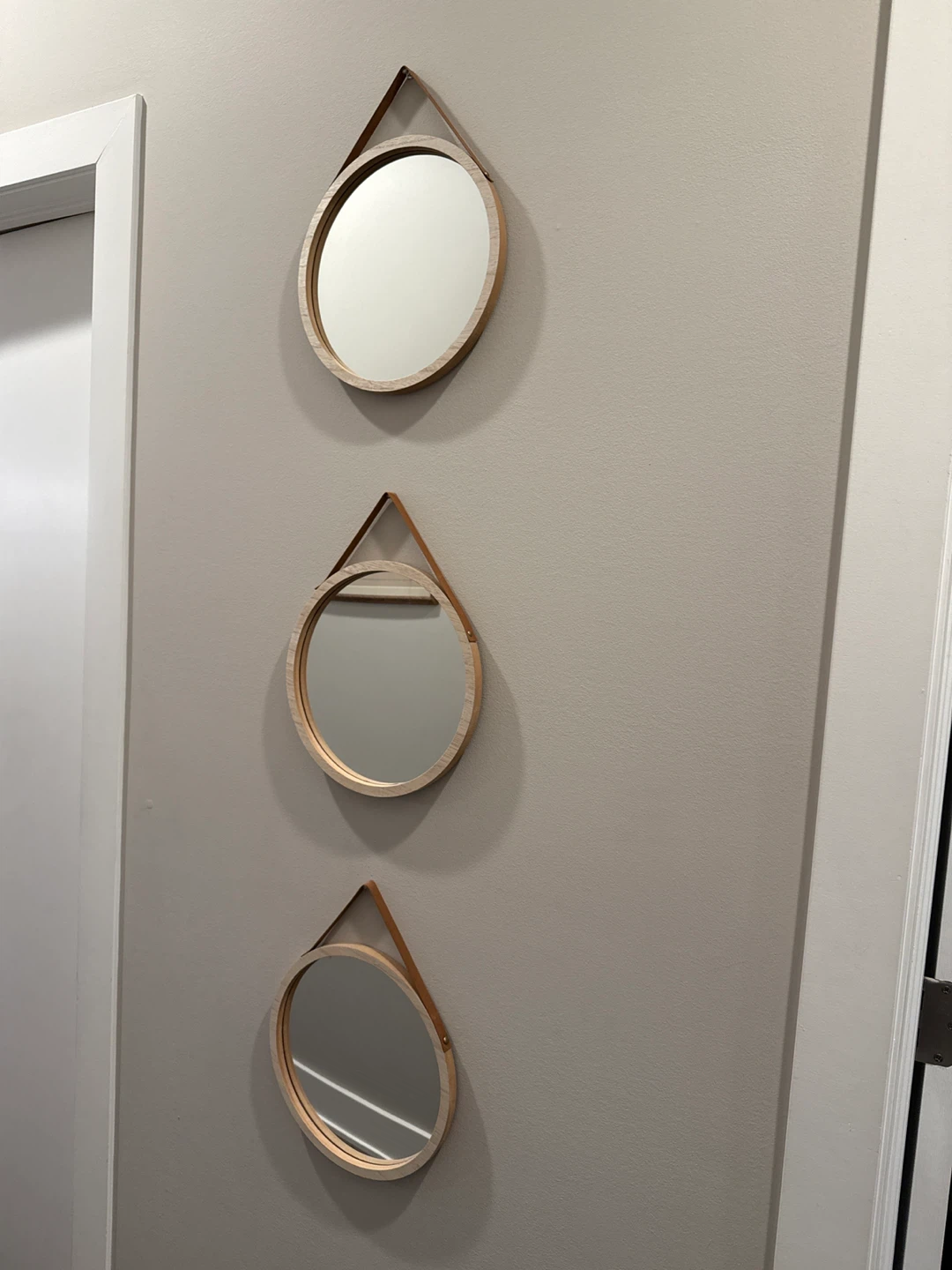 Round Wood Framed Mirror with Leather Hanger - photo 2