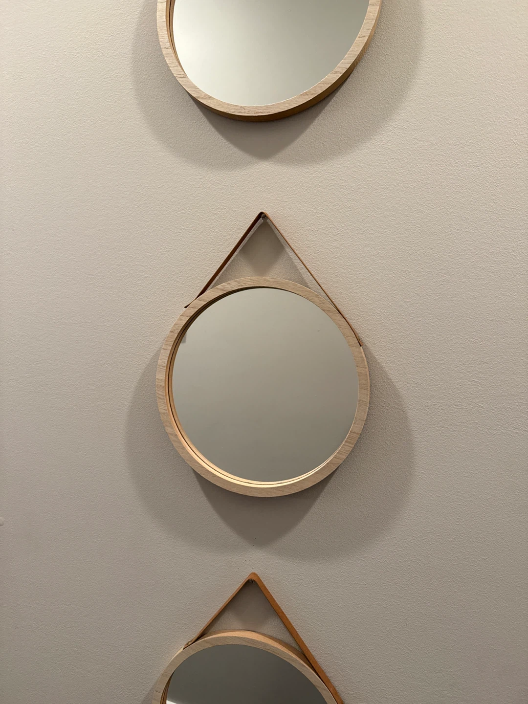 Round Wood Framed Mirror with Leather Hanger