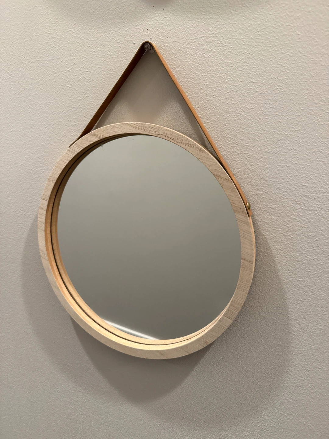Round Wood Framed Mirror with Leather Hanger - photo 3