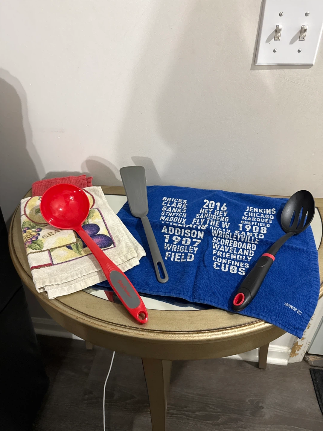 Kitchen Utensil Set - Red Ladle, Gray Spatula, Slotted Spoon