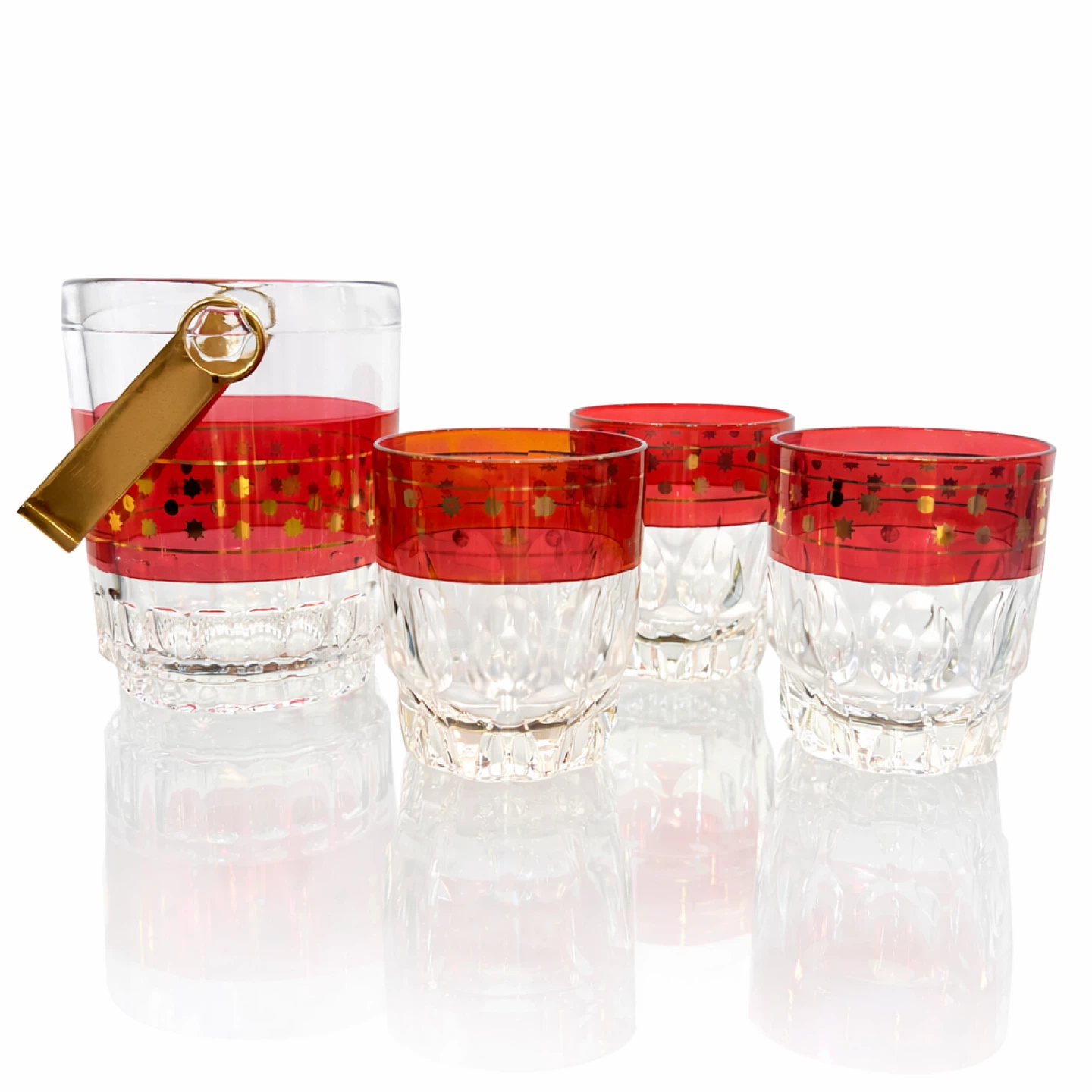 Set of 4 Crystal Glasses & Ice Bucket w Gilt Star Band c1960s
