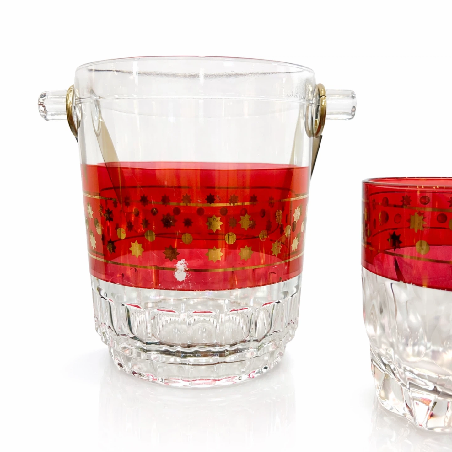 Set of 4 Crystal Glasses & Ice Bucket w Gilt Star Band c1960s - photo 4