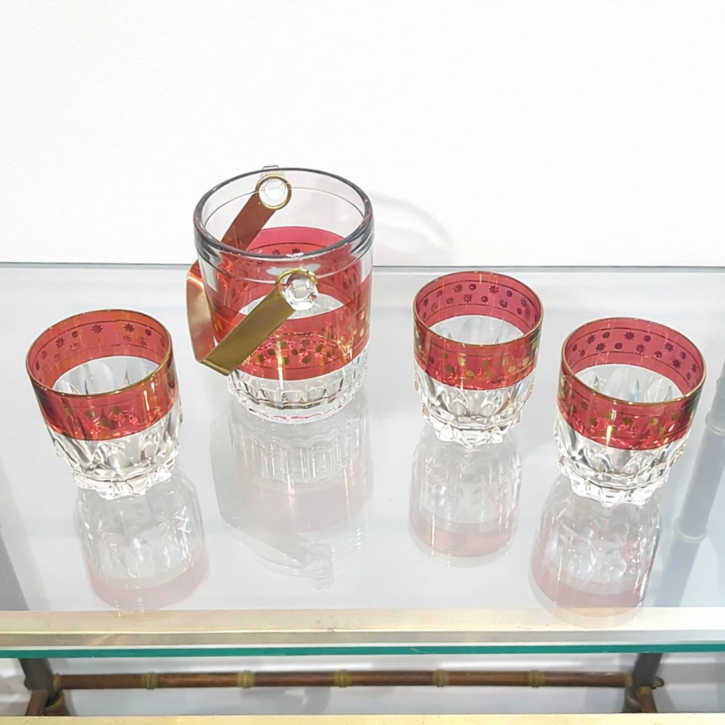 Set of 4 Crystal Glasses & Ice Bucket w Gilt Star Band c1960s - photo 2