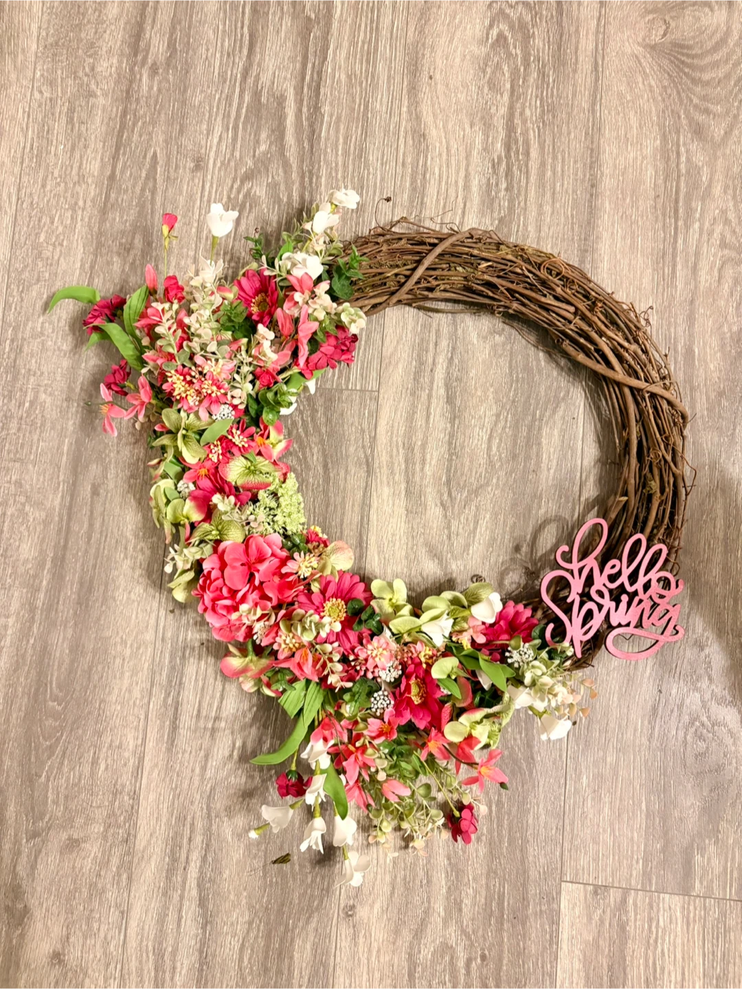 Floral Spring Wreath with "Hello Spring" Sign