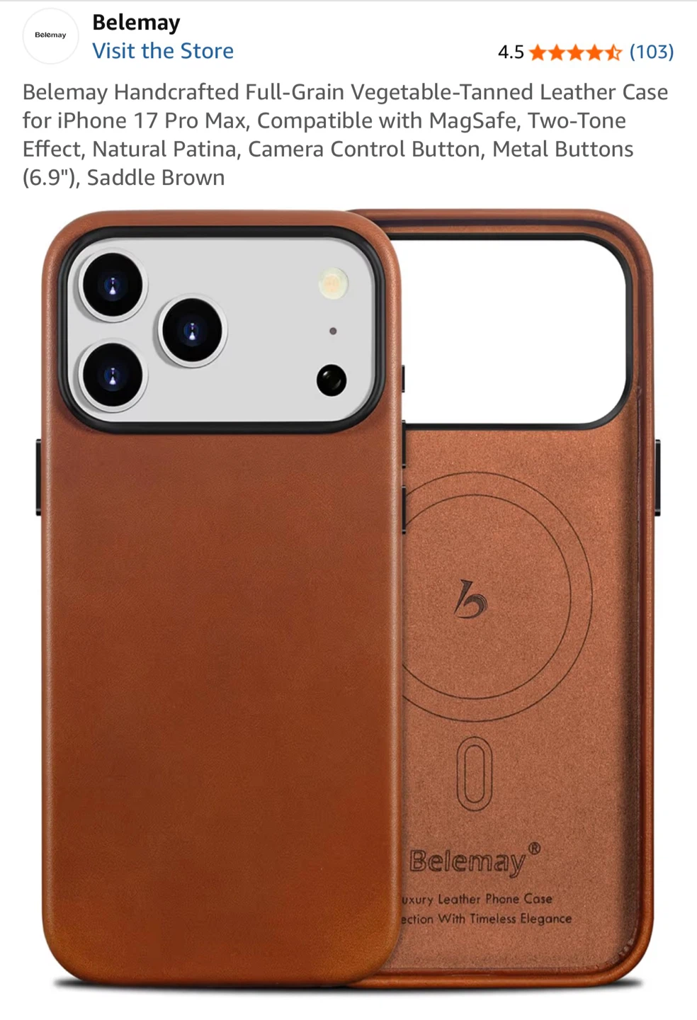 Belemay Leather Case for iPhone 17 Pro Max - Saddle Brown - photo 3