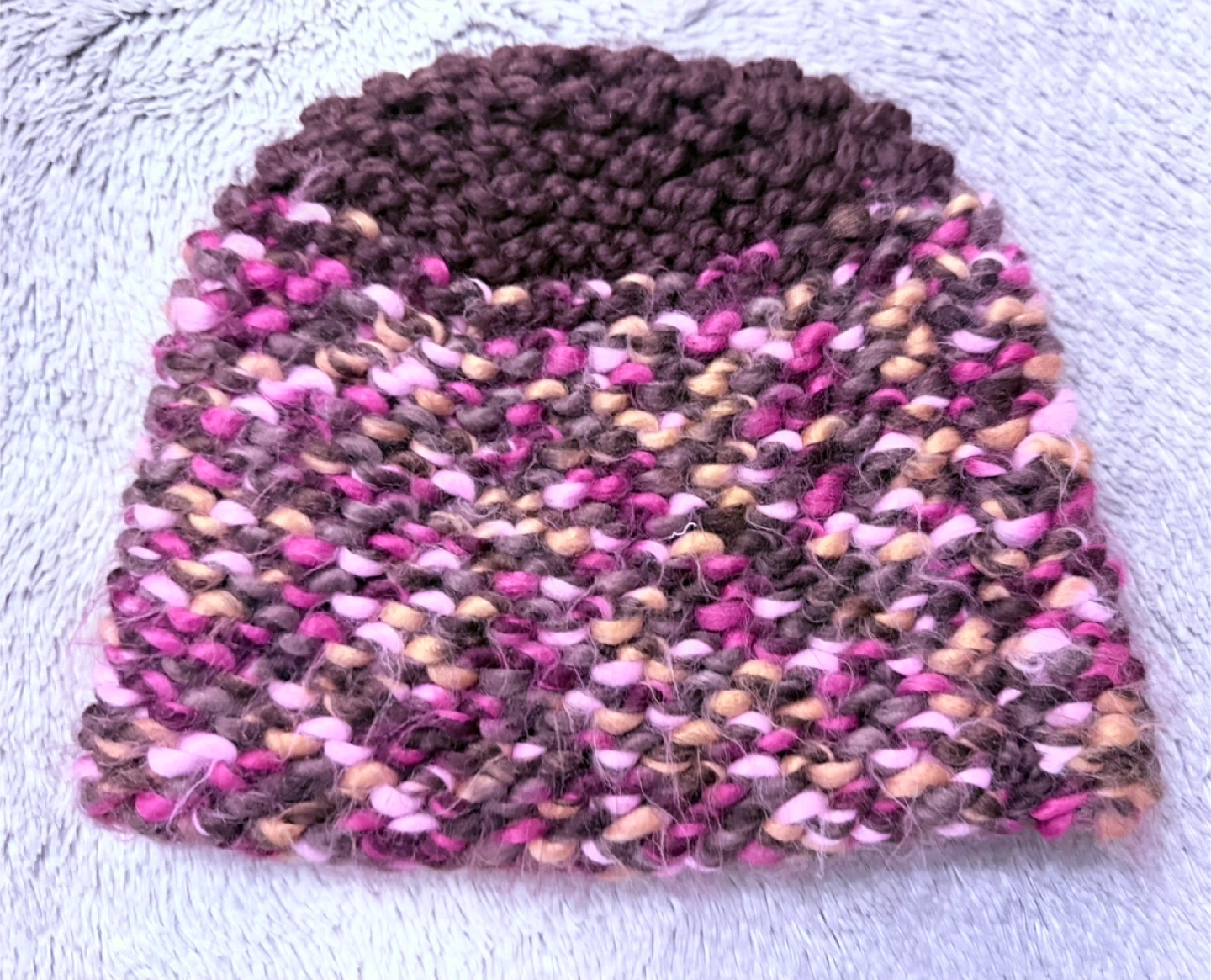 Hand-Knitted Beanie - Pink, Brown, Yellow Multi-Colour