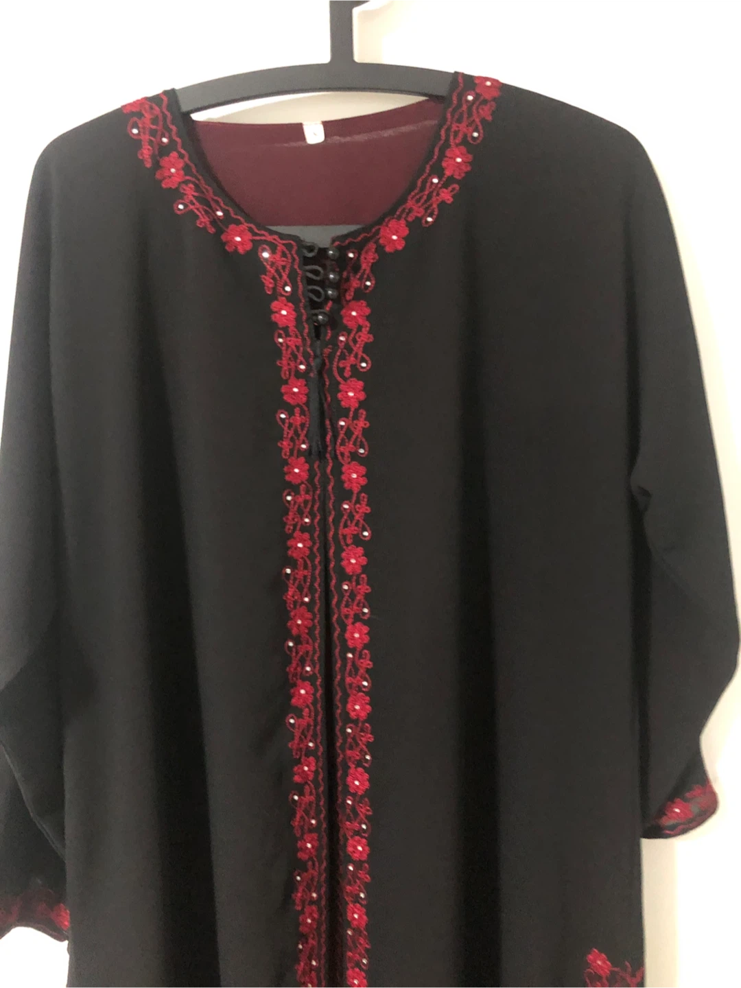 🏆 Black Abaya with Red Embroidery - Size M