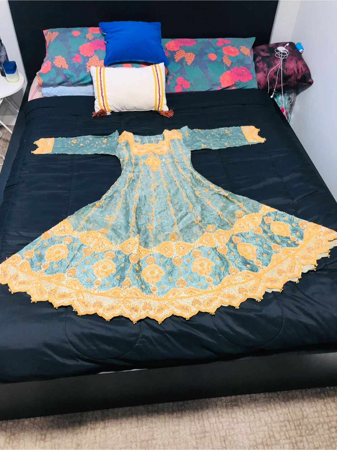 🏆 Embroidered Teal and Gold Kurti and Pants Set