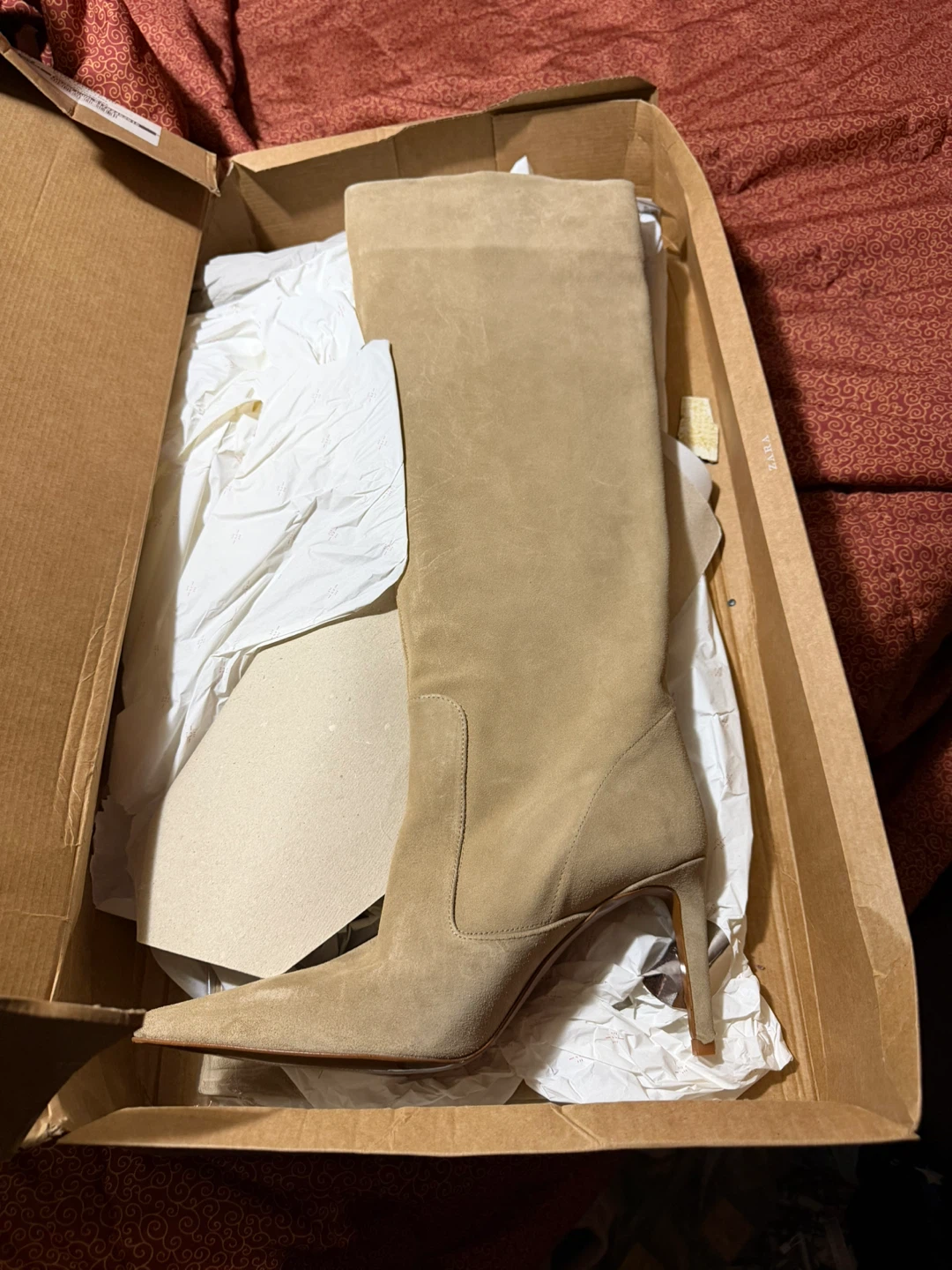 Zara Tan Suede Knee-High Stiletto Boots Size 42